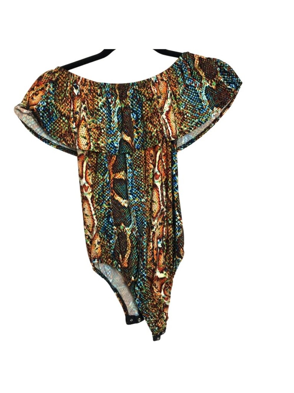 Discreet Y2K Multicolor Snakeskin Print Off Shoulder Flounce Bodysuit Size M